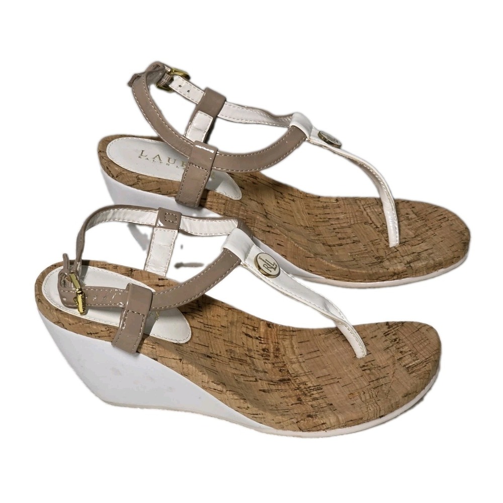 Lauren Ralph Lauren Womens White&Tan Thong Wedge Sandals Ankle Strap Buckle 6.5B